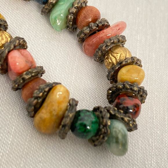 Artisan Bracelet Multicolor Irregular Shaped Stones With Bronze Rondelles - Picture 7 of 10
